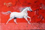 cheval blanc sur fond rouge et esquisses pastel